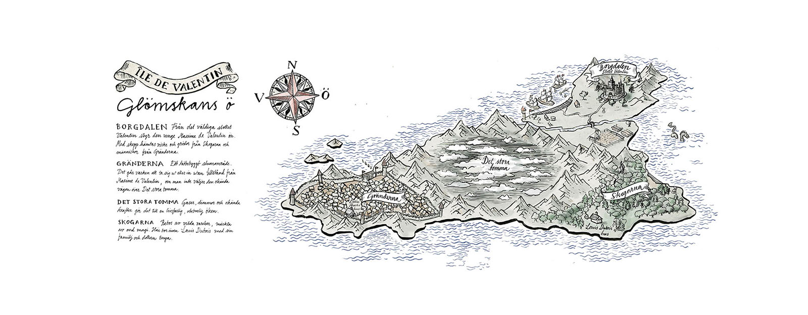 En karta över ön Île de Valentin, ritad av Kajsa Bergström Feiff