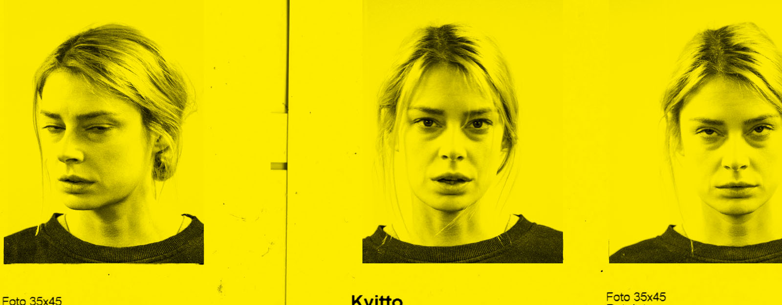 En rad passfoton av Alexandra Nordberg från en automat. Svartvita bilder mot gul bakgrund.