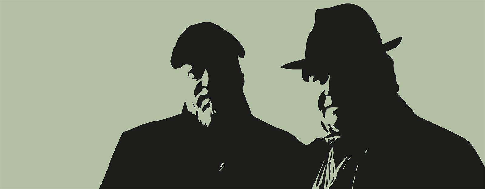 Grafisk bild siluetter av två män mot ljusgrön bakgrund. Illustration till gruppen Wadman, Dagens Lunchteater
